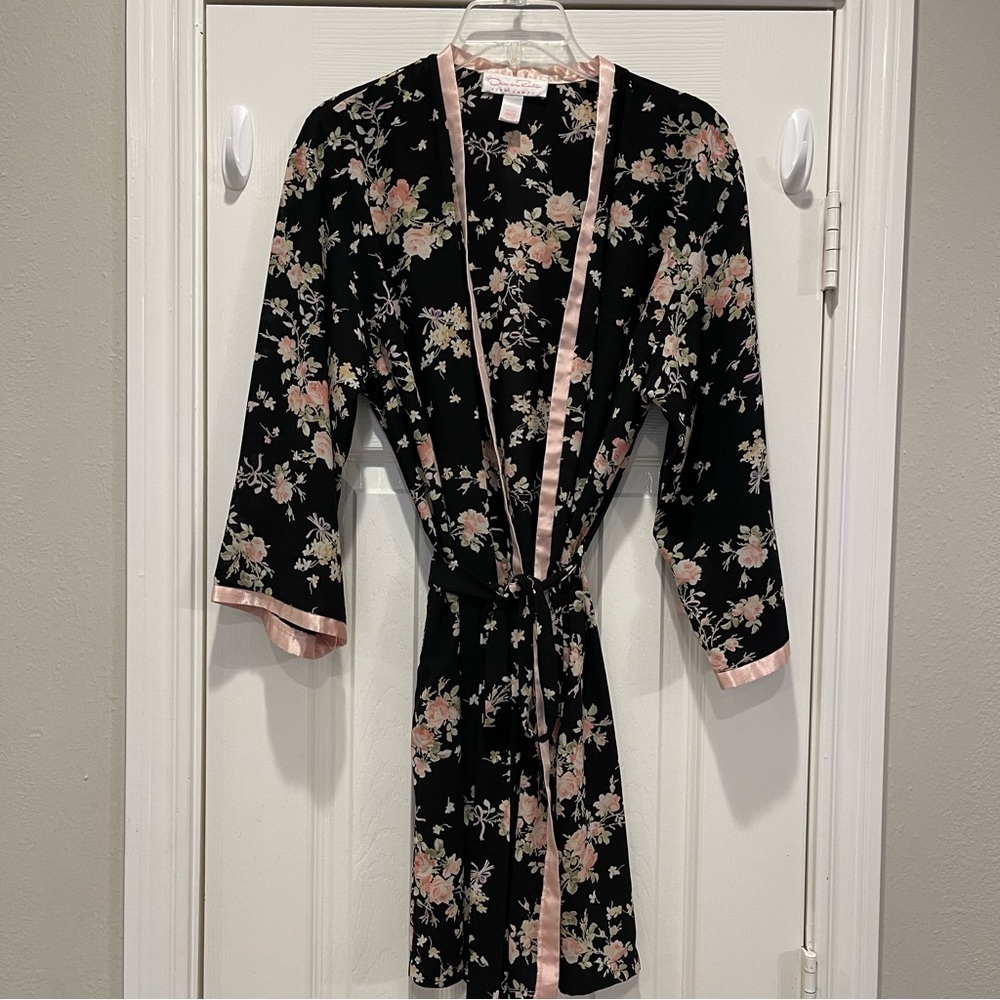 Oscar de la Renta Pink Label Black Floral Kimono Wrap Lace Robe Sleepwear S/M